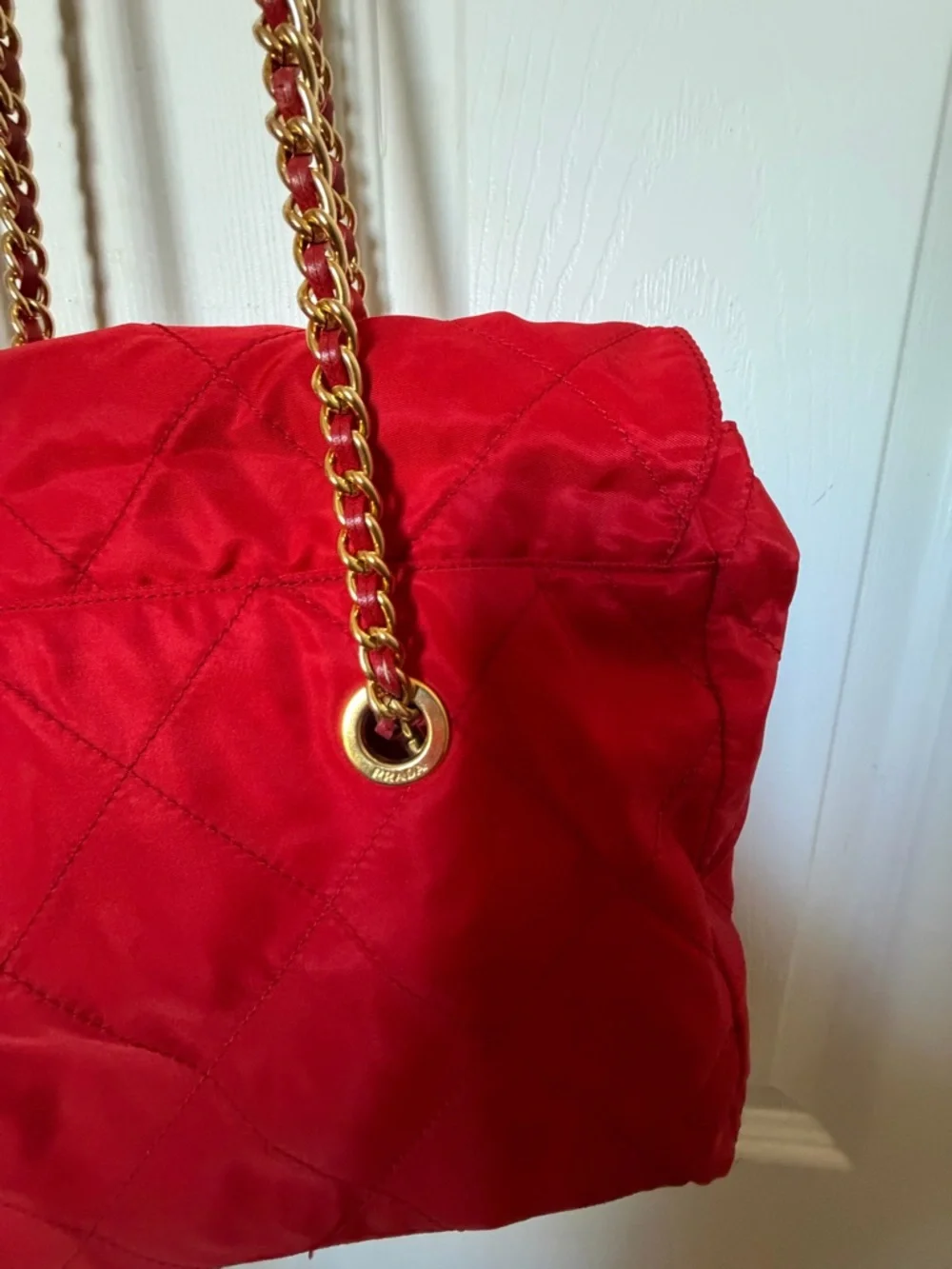 Prada Red Quilted Nylon Shoulder Bag with Gold Chain - Picture 7 of 13